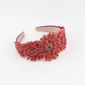 Detail showing red crystal flower clusters on a wide golden baroque headband - Luxury Red (C)