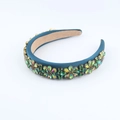Cerchietto barocco largo con fiori di strass verdi su tessuto blu scuro - Teal