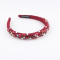 Detailed macro view of handmade burgundy velvet headband with multi-colored rhinestones - Burgundy