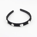 Dettaglio cerchietto in velluto nero con perle e cristalli alternati e bordi in metallo argento - Stile Alternato Con Perle E Strass (A)