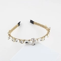 Detail of woven gold headband with white pearls and sparkling crystal embellishments - Clear Round Rhinestone Pearl Style (A)