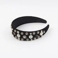French vintage black velvet headband with baroque pearls and rhinestones on white background - Black Velvet Camellia Pearl Style