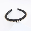 Detail of handmade black fabric headband featuring sparkling rhinestones in gold metal claws - Black With Clear Rhinestones (D)
