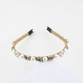 Close-up of golden woven headband with white pearls, crystals, and dark rhinestones - Gray Geometric Crystal Style (C)