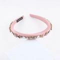 Pink satin headband with sparkling rhinestones and handmade label on geometric base - Pink Satin Style (C) / Pink