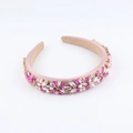 Baroque style thin headband with sparkling pink crystals in floral patterns on velvet lining - Light Pink Alternating Floral Style