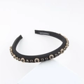 Detailed view of handmade black satin headband with sparkling rhinestones and gold settings - Black With Black and Clear Rhinestones (J)