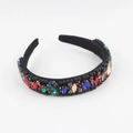 Detailed close-up of Baroque velvet headband with colorful crystals and black beads - Black Base Colorful Jewel Style (D)