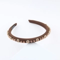 Detail of brown satin headband featuring champagne rhinestones and handmade label tag - Brown With Champagne Rhinestones (K)