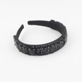 Detailed view of the black beaded headband with teardrop resin gems and embroidery - Black Base Black Jewel Style (F)