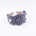 Close-up of Baroque wide headband with blue crystals and floral rhinestone patterns - Luxury Deep Blue Floral Style (B)