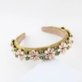Detailed macro view of baroque headband with gold satin and pink crystal flower gems - Gold Flower