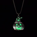 Luminous Halloween pumpkin with wizard hat pendant on silver chain with green glow - Green