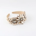Detail of luxury padded headband with champagne crystals and white pearls in floral patterns - Champagne