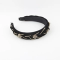 Cerchietto barocco in velluto nero annodato con motivi floreali in strass e fascia larga - Stile Velluto Intrecciato Strass Fiore (B)