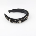 Cerchietto in velluto nero stile barocco con strass e catenina di perle dorate - Stile Velluto Intrecciato Catena Oro Strass (C)