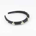 Baroque style padded headband with shiny crystal flowers and black beaded rhinestones - Black