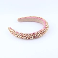 Detailed close-up of handmade baroque headband with pink crystals and intricate beadwork - Pink Sweet Style (D)