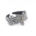 Luxurious wide headband with grey rhinestone leaf and flower patterns on black velvet - Gray Black (C)