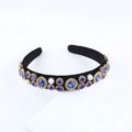 Detail of royal blue crystals and faux pearls on a black velvet wide headband - Royal Blue Crystal Style (E)