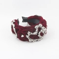 Close-up of velvet braided headband in burgundy with sparkling heart-shaped crystals - Burgundy