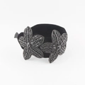 Cerchietto barocco in spugna nera a tesa larga con doppia decorazione floreale di cristalli - Fiori con Perline Nere / Nero