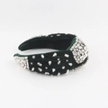 Dettaglio cerchietto in velluto verde scuro con strass argentati cuciti a mano e design a nodo - Verde
