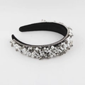 Detailed close-up of Baroque headband featuring hand-sewn crystals and pearls on black velvet - Grey Crystal Pearl Style (B)