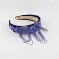 Cerchietto barocco in velluto con cristalli blu e catenine di perle pendenti - Stile Cristallo di Lusso Blu Profondo (B)