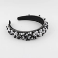 Close-up of Baroque velvet headband with intricate hand-beaded pearls and crystals - Black and White Pearl Style (D)