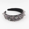 Detail of luxury padded headband with gray rhinestones and faux pearls on black velvet - Grey Pearl Style (A)