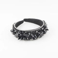 Detailed close-up of handmade padded headband with black crystals and silver floral accents - Black Crystal Style (D)