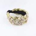 Detail of baroque olive green fabric headband with crystal flowers and white pearls - Floral Braided Style (A) / Olive Green