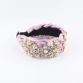 Detail of baroque fabric headband with woven satin and hand-sewn pearls and crystals - Floral Braided Style (B) / Pink Purple