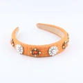 Vintage orange checkered headband with baroque pearl and jewel flower embellishments - Orange (A)