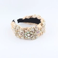 Detail of baroque headband with champagne crystals and pearls on wide woven fabric - Floral Braided Style (C) / Champagne