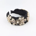 Detail of black woven headband with crystal rhinestones and faux pearl flowers - Floral Braided Style (D) / Black