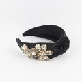 Retro knotted black satin headband with elegant crystal and faux pearl floral decoration - Black
