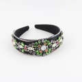 Baroque style wide headband with colorful rhinestones and emerald crystals on black fabric - Black Emerald Rhinestone (A)