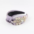 Elegant purple satin knotted headband with floral faux pearl and rhinestone embellishments - Light Purple