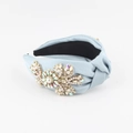 Fashion light blue knotted fabric headband with beaded flower and rhinestone accents - Light Blue