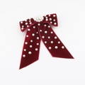 Detail of burgundy velvet bow hair clip with embedded white pearls and long ribbons - Red