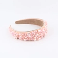 Detailed macro view of pink beaded headband with faux pearls and crystal floral accents - Pink Beaded Style (A)