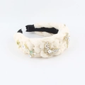 Elegant denim knot headband with pearls, rhinestone butterflies and colorful flowers - Off White