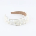 Detailed close-up of white velvet headband with pearls, crystals and fabric flowers - White Beaded Style (B)