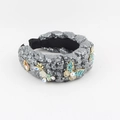 Detail of denim knotted headband with grey sequins, 3D butterfly, floral and perfume charms - Gray