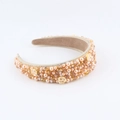 Macro detail of champagne gold headband with pearls, crystals and golden flower accents - Champagne Gold Beaded Style (C)