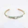 Detail of luxury padded headband featuring turquoise rhinestones, pearls, and gold bead trim - Cyan Blue Style (E)