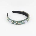 Detailed close-up of a luxury black headband with blue, yellow crystals and white floral accents - Light Blue/Pale Yellow Style (A)
