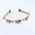 Detail of woven gold headband with iridescent rhinestones and elegant white pearls - Multicolor Gem Style (D)